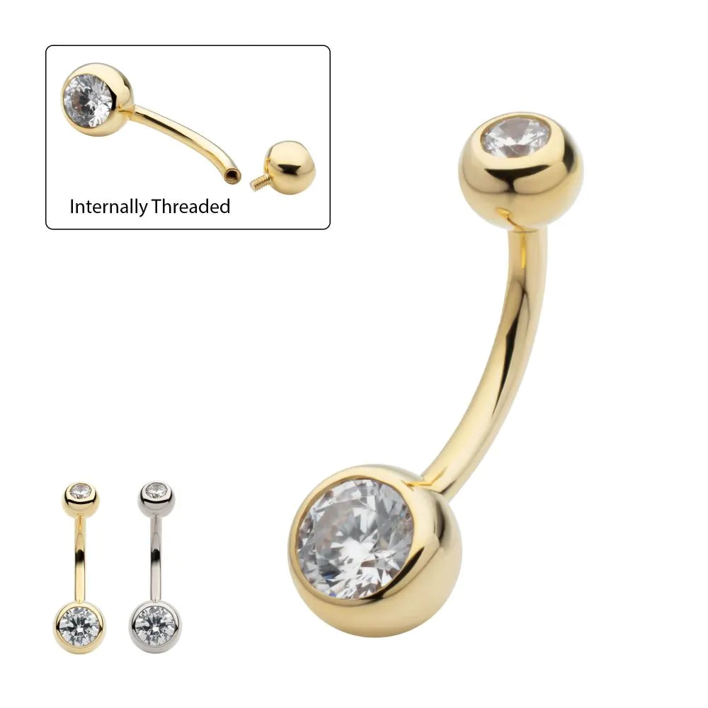 14Kt Gold Internally Threaded Double Round Bezel Clear CZ Non-Dangle Navel