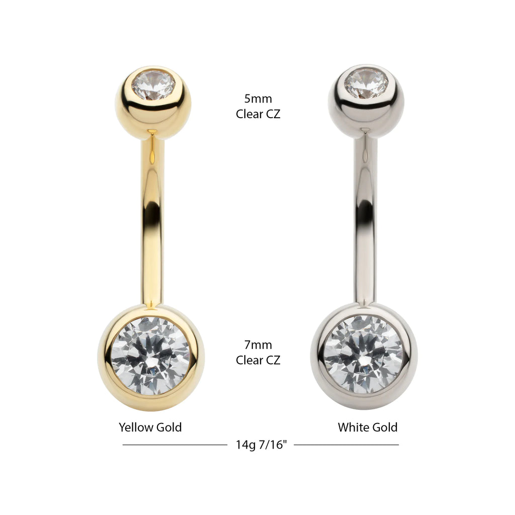 14Kt Gold Internally Threaded Double Round Bezel Clear CZ Non-Dangle Navel