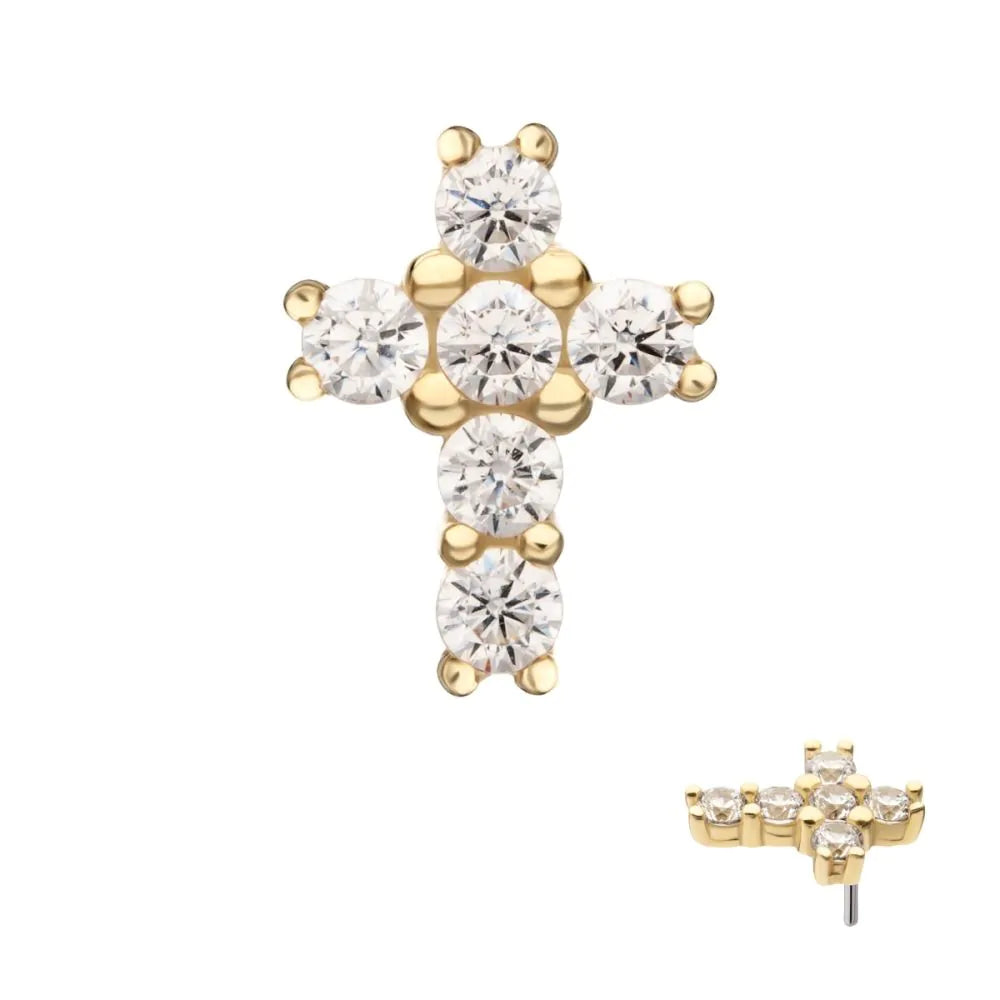 14kt Yellow Gold Threadless Prong Set Multi-Clear CZ Cross Top