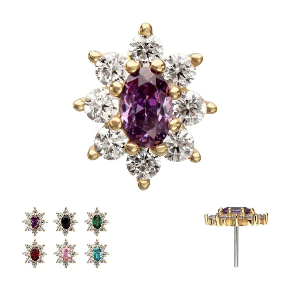 14Kt Yellow Gold Threadless "Regalia Oval" CZ Gem Flower Top