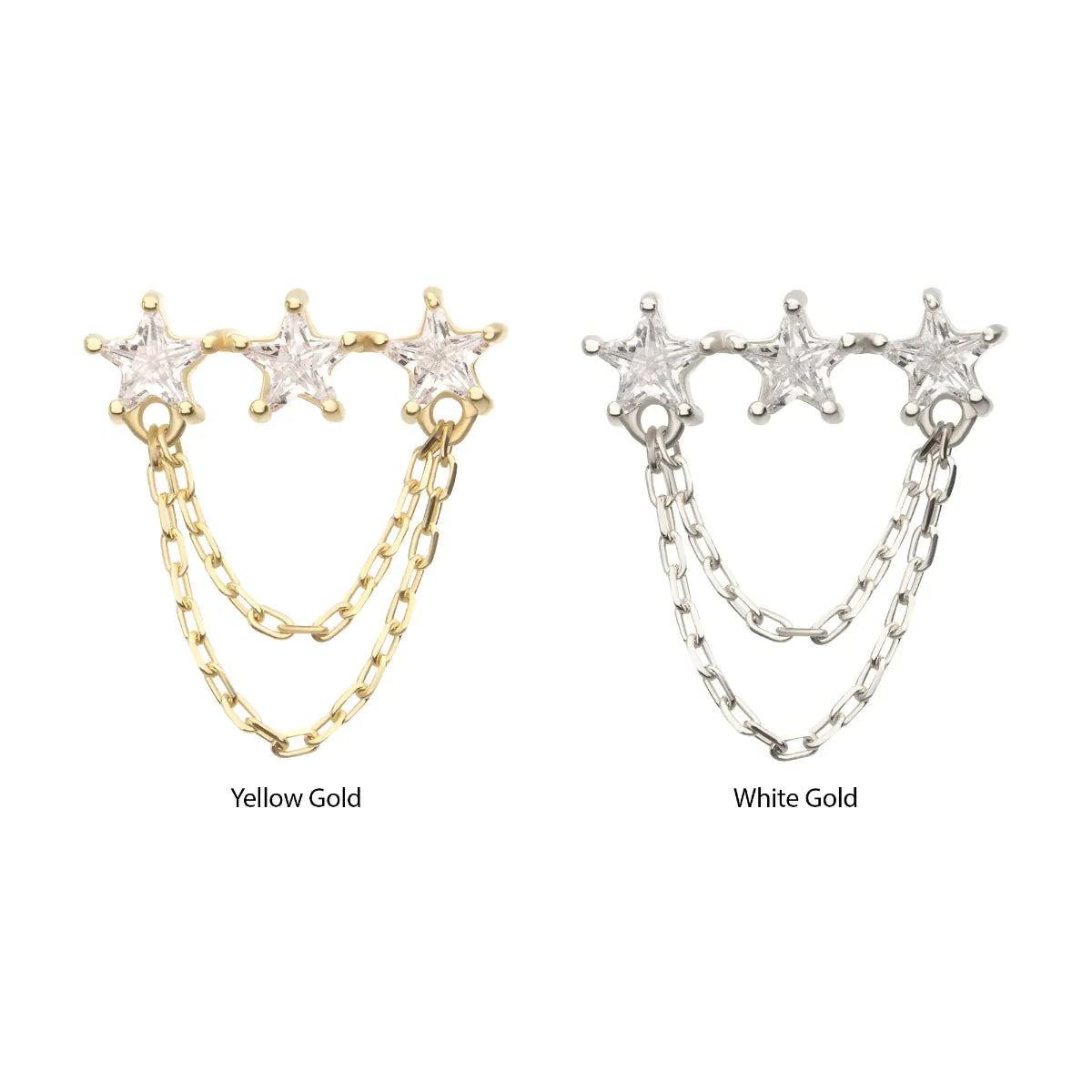 14Kt Gold Threadless Triple Cluster Star CZ Gem Top with 2-Tier Chain Dangle