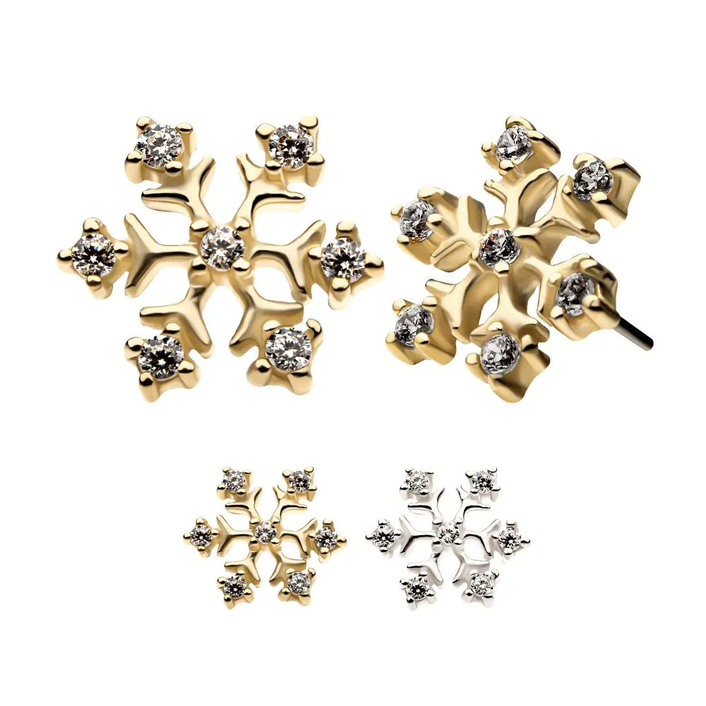 14Kt Gold Threadless with 7 4-Prong Set Round Clear CZ Snowflake Top