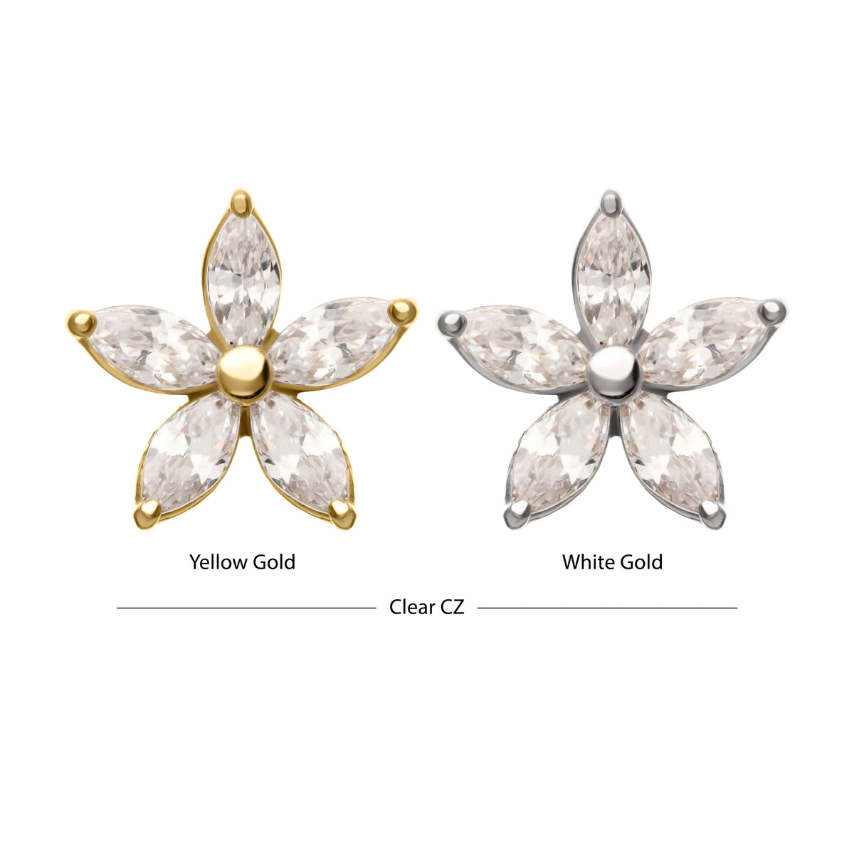 14Kt Gold Threadless Flower Top with 5 Petal Marquise Prong Set Gem