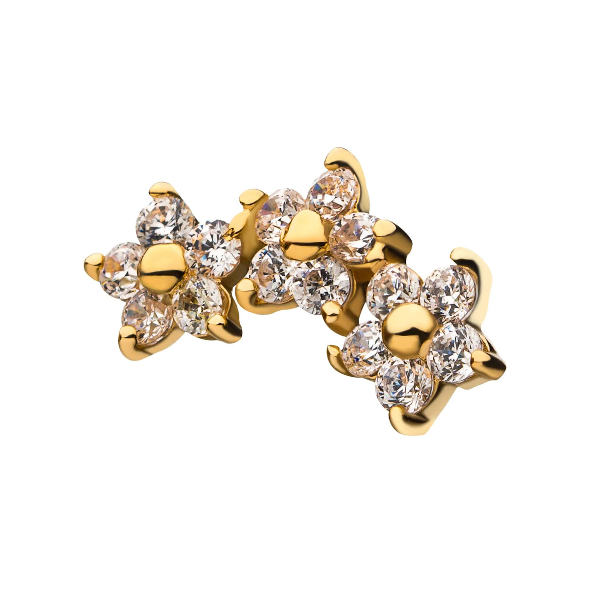 14Kt Yellow Gold Threadless 3-Curved Cluster Pronged Round CZ Flower Top