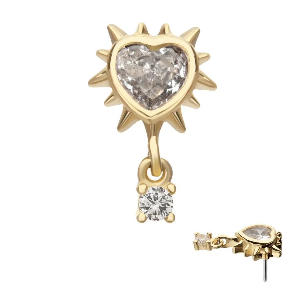 14Kt Yellow Gold Threadless Spike Edge Bezel Heart Gem Top with Prong Set Round Dangle