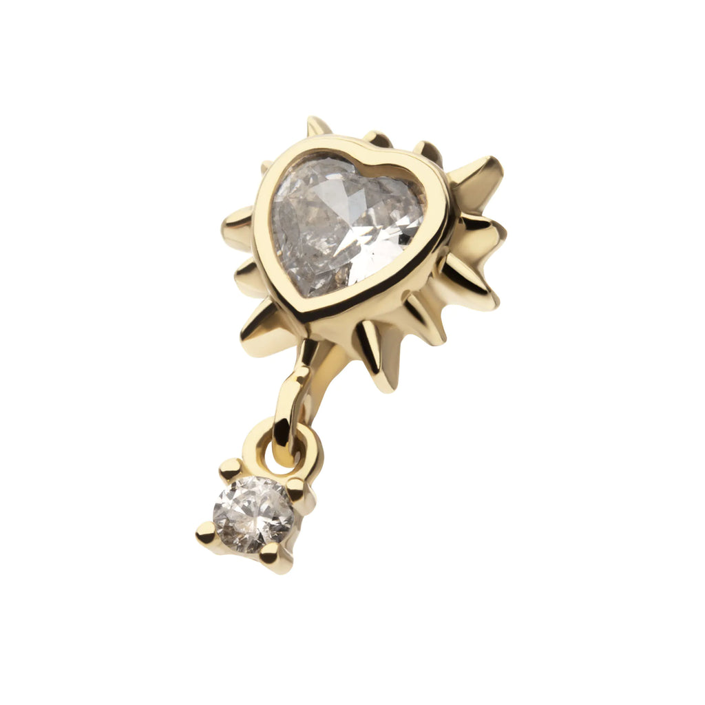 14Kt Yellow Gold Threadless Spike Edge Bezel Heart Gem Top with Prong Set Round Dangle
