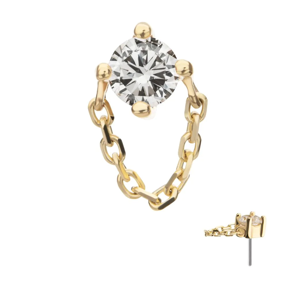 14Kt Yellow Gold Threadless 4-Prong Round Gem Top with Rolo Chain Dangle