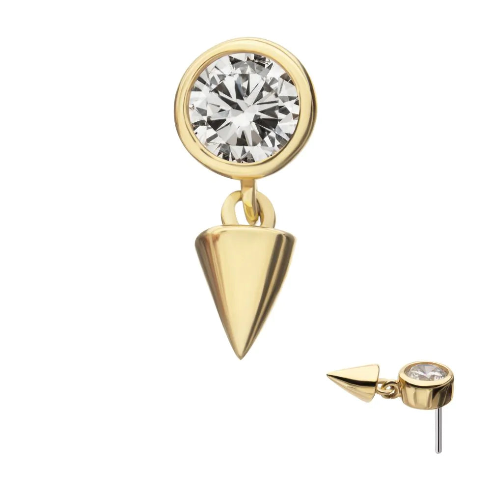 14Kt Yellow Gold Threadless Bezel Set Round Gem Top with Spike Dangle