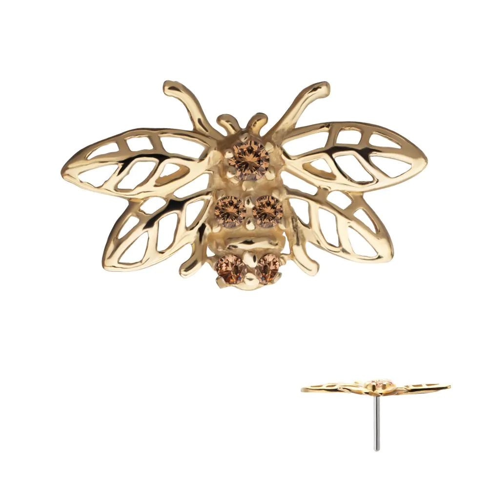 14Kt Yellow Gold Threadless Prong Set Gem Hollow Cut Bee Top