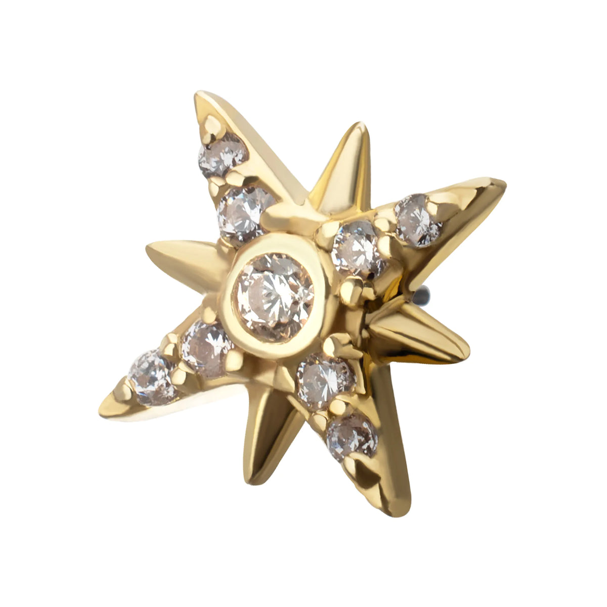 14Kt Yellow Gold Threadless Paved Gem Starburst Top