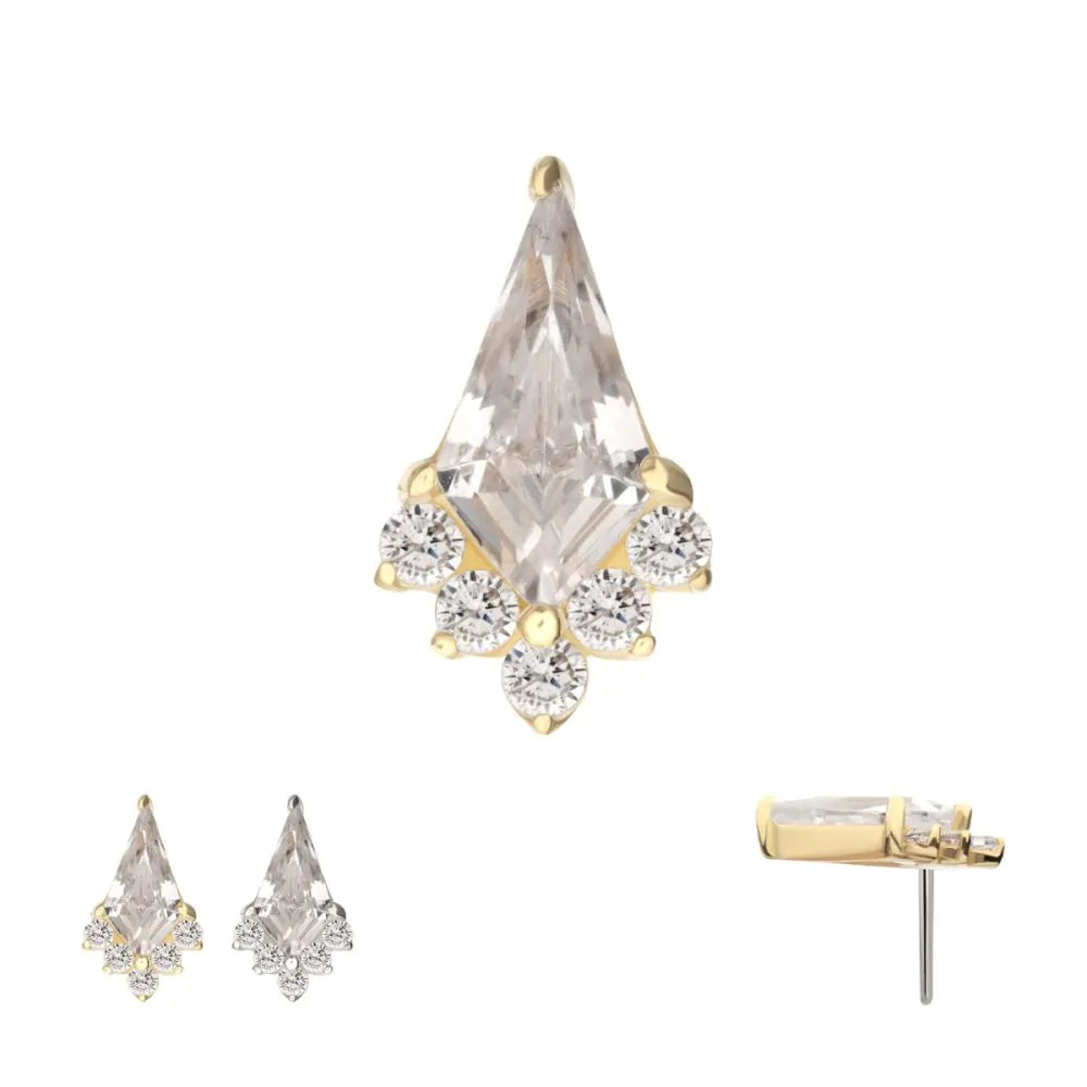 14Kt Gold Threadless Kite Shape with 5-Cluster Prong Set Round Gem Top