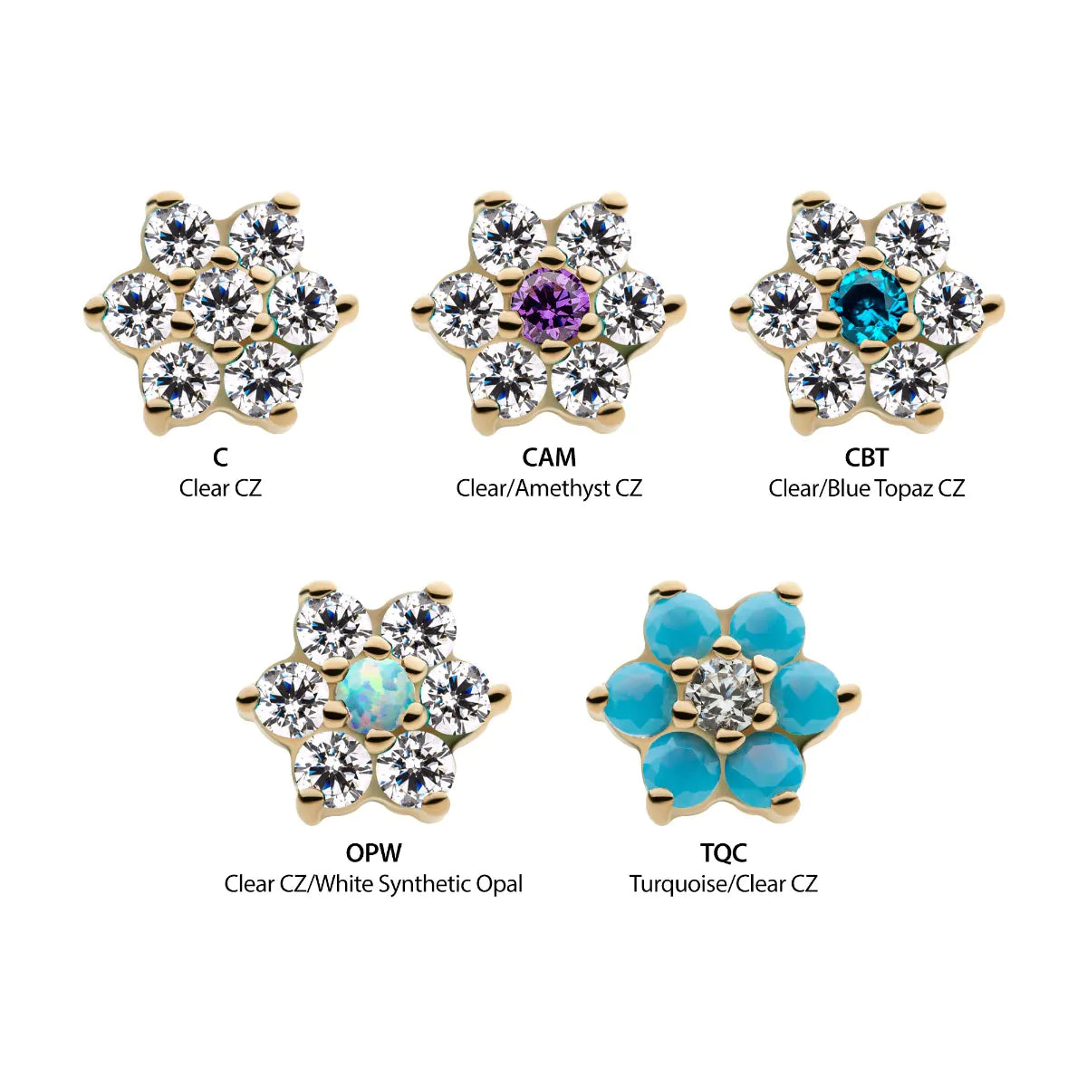 14Kt Yellow Gold Threadless with 6 Prong Set Clear CZ and Centerpiece CZ/Synthetic Opal Flower Top