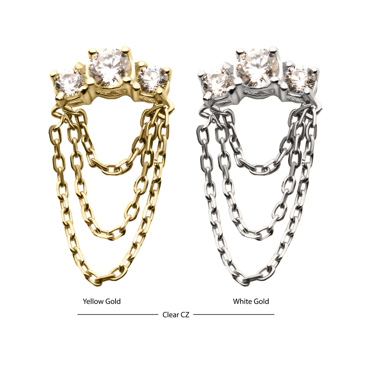 14Kt Gold Threadless Threadless 3-Cluster Prong Set Gem Top with 3-Tier Chain Dangle