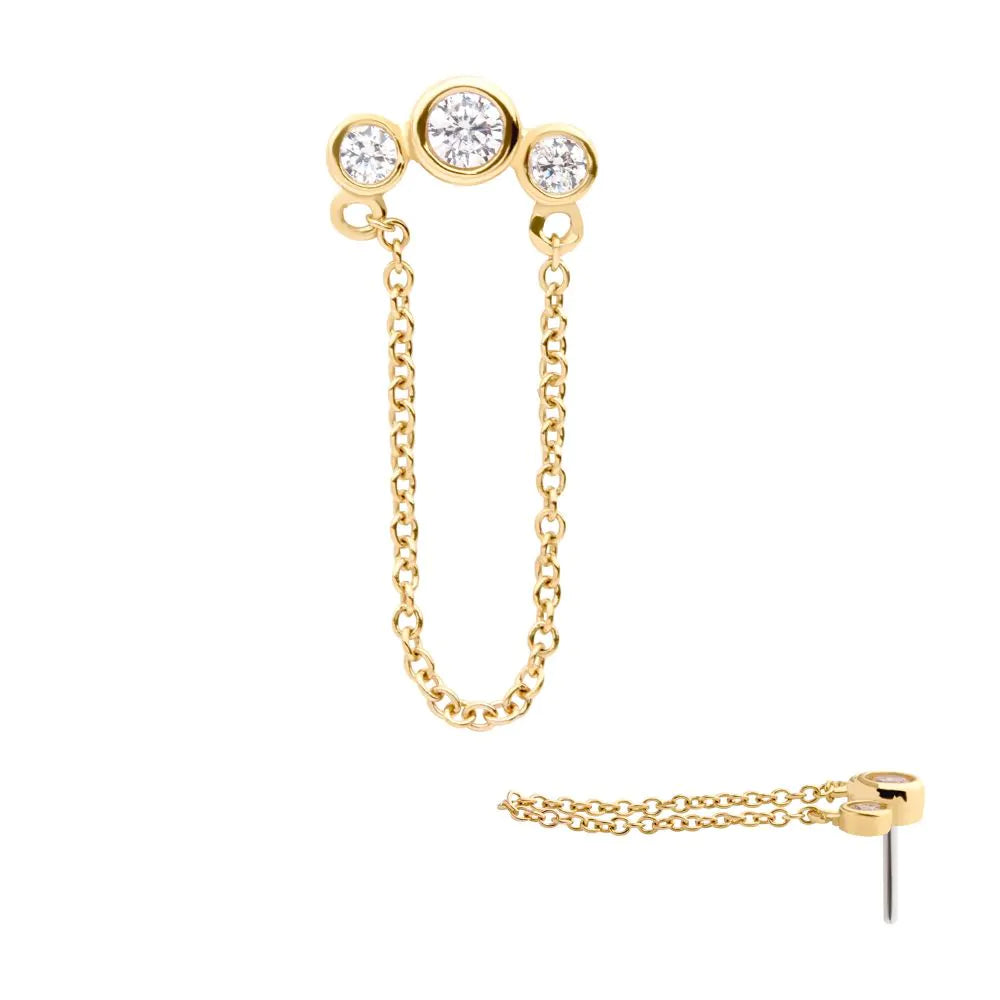 14Kt Yellow Gold Threadless with Bezel Set CZ 3-Cluster Top with Dangling Chain