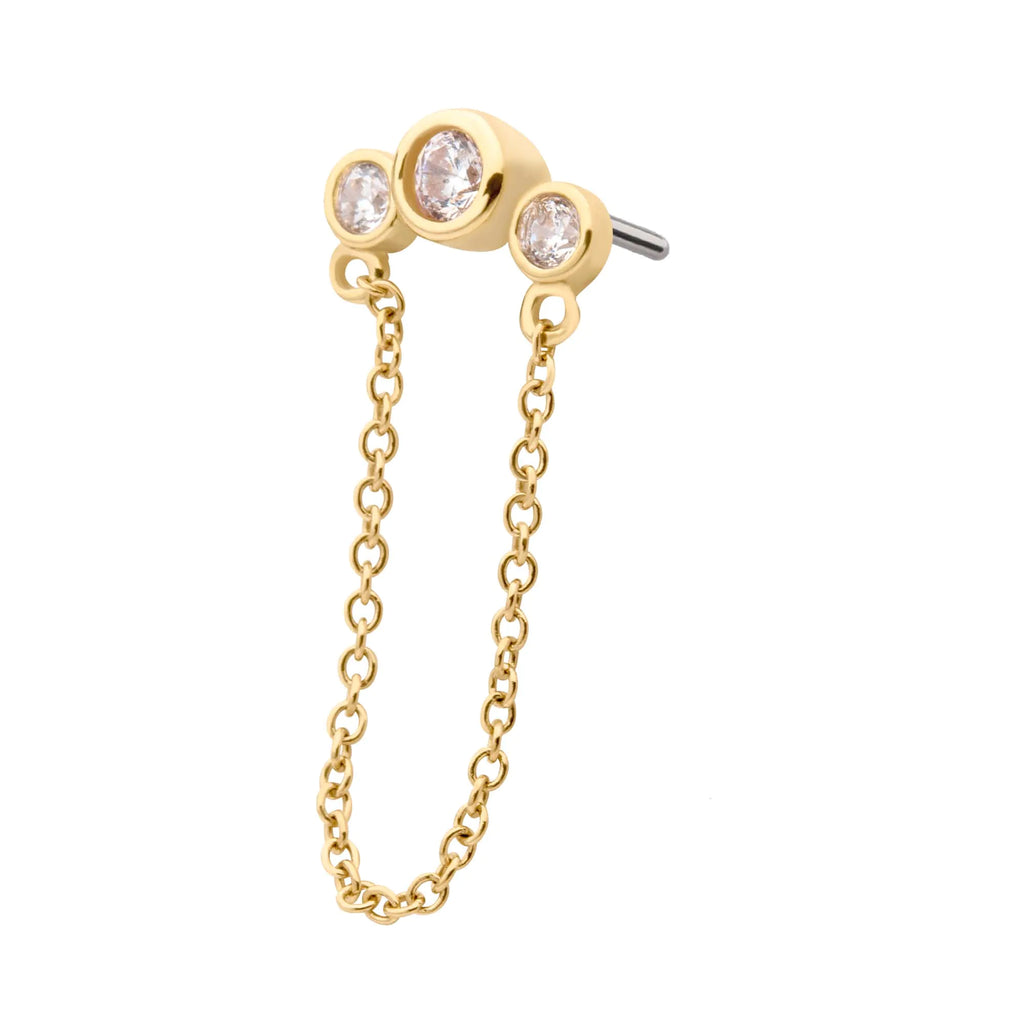 14Kt Yellow Gold Threadless with Bezel Set CZ 3-Cluster Top with Dangling Chain