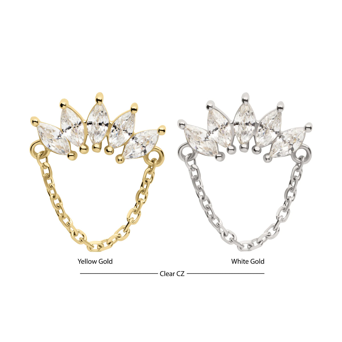 14Kt Gold Threadless 5 Cluster Marquise Prong Set Gem Fan Top with Chain Dangle