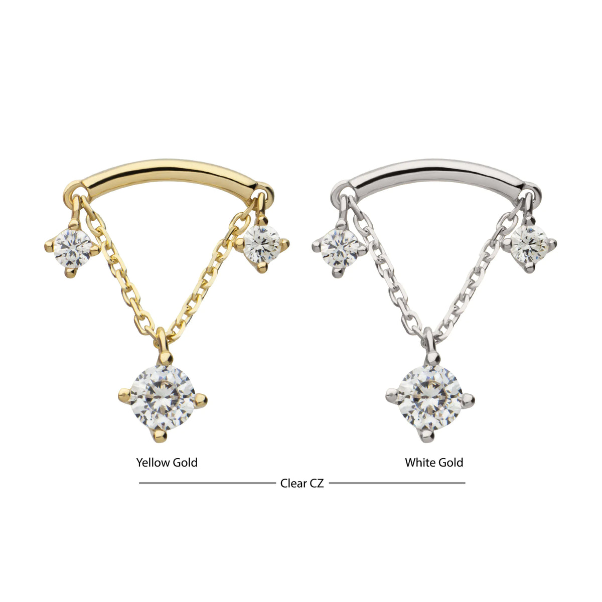 14Kt Gold Threadless Curve Bar Top with Prong Set Gem & Chain Dangle