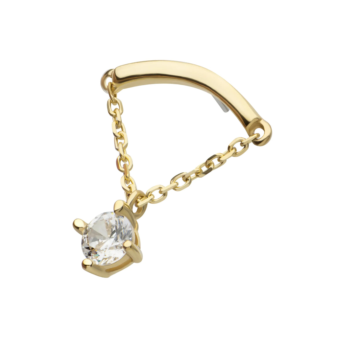 14Kt Yellow Gold Threadless Curve Bar Top with 1 Round Prong Set CZ Dangle Chain