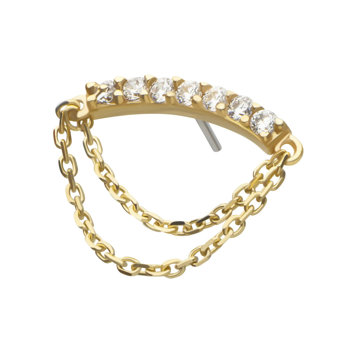 14Kt Yellow Gold Threadless 7 Round Prong Set CZ Curve Bar Top with 2 Tier Dangle Chain