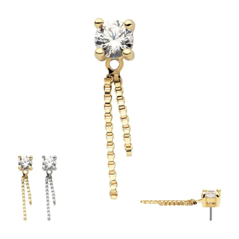 14Kt Gold Threadless Prong Set CZ Top with Dangle Double Box Chain