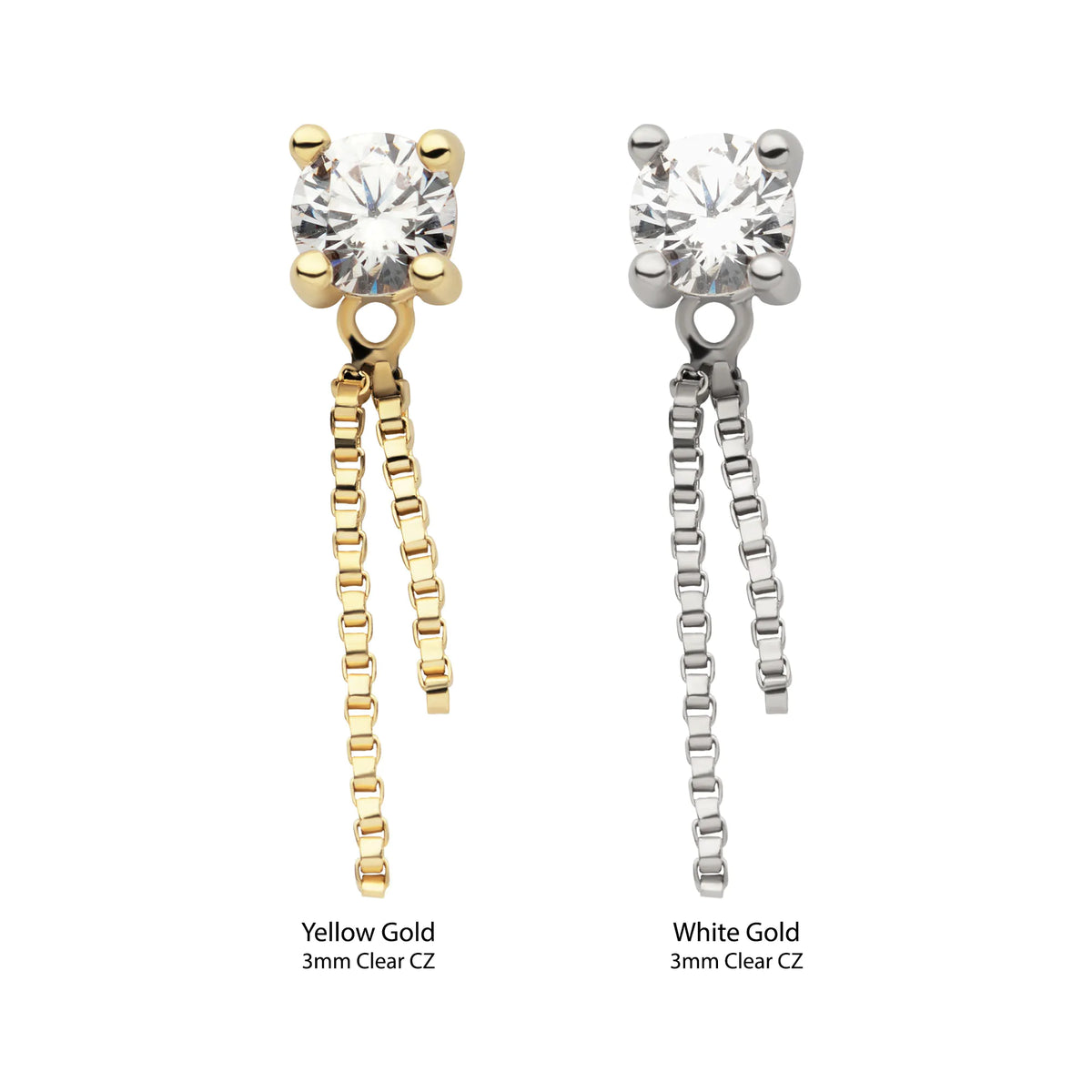 14Kt Gold Threadless Prong Set CZ Top with Dangle Double Box Chain