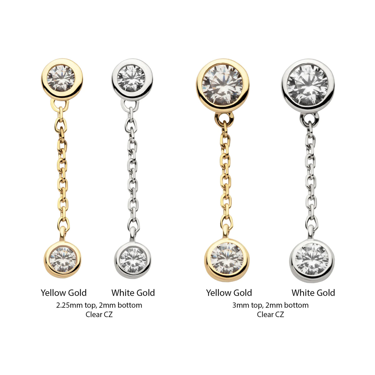14Kt Gold Threadless Double Bezel Set Round CZ with Dangle Chain Top