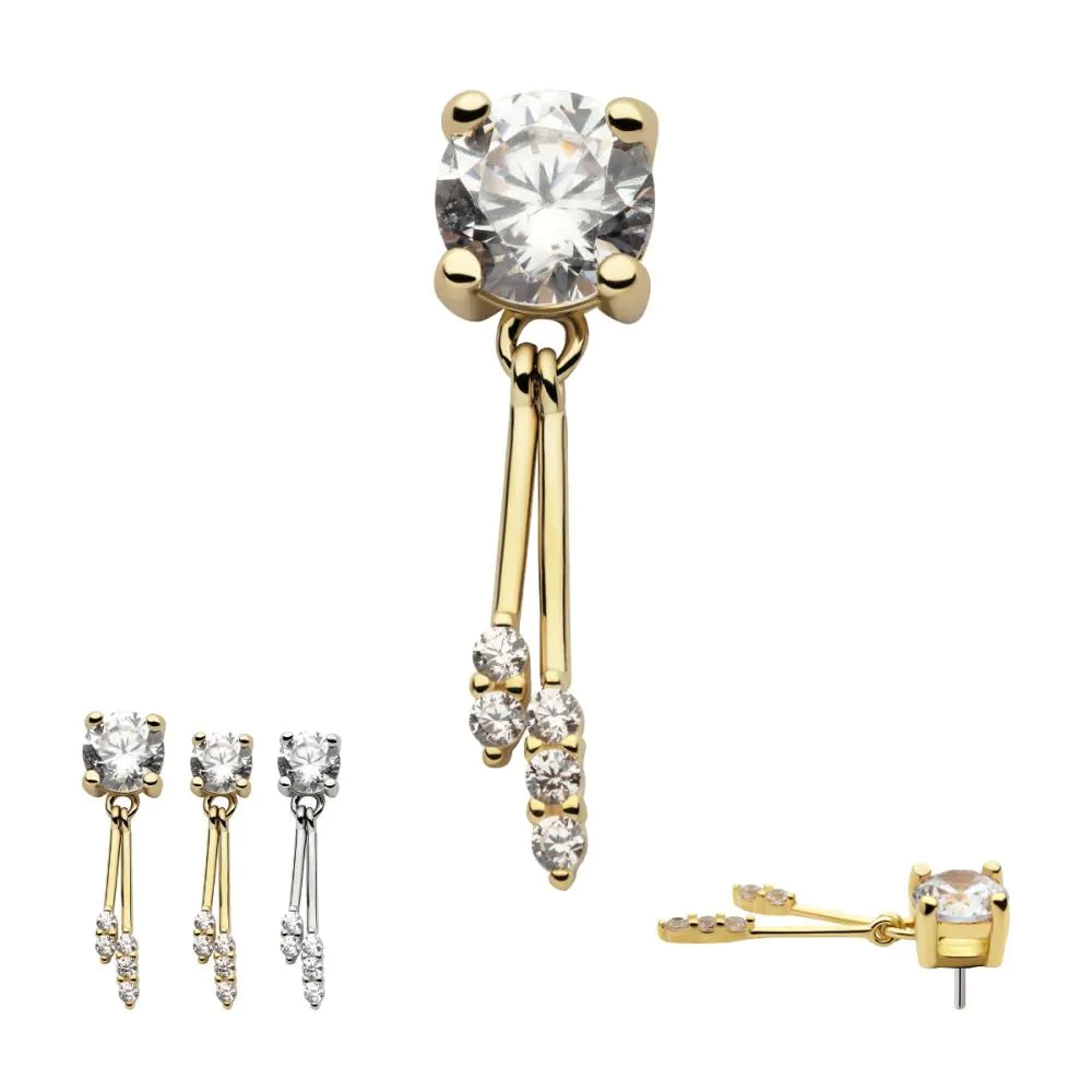 14Kt Gold Threadless Prong Set CZ Top with Gemmed Dangle Double Bar