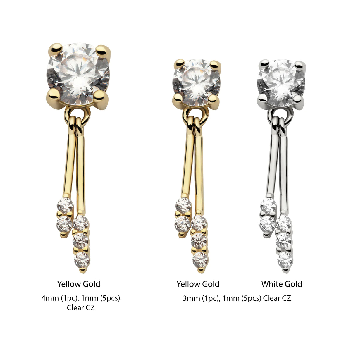 14Kt Gold Threadless Prong Set CZ Top with Gemmed Dangle Double Bar
