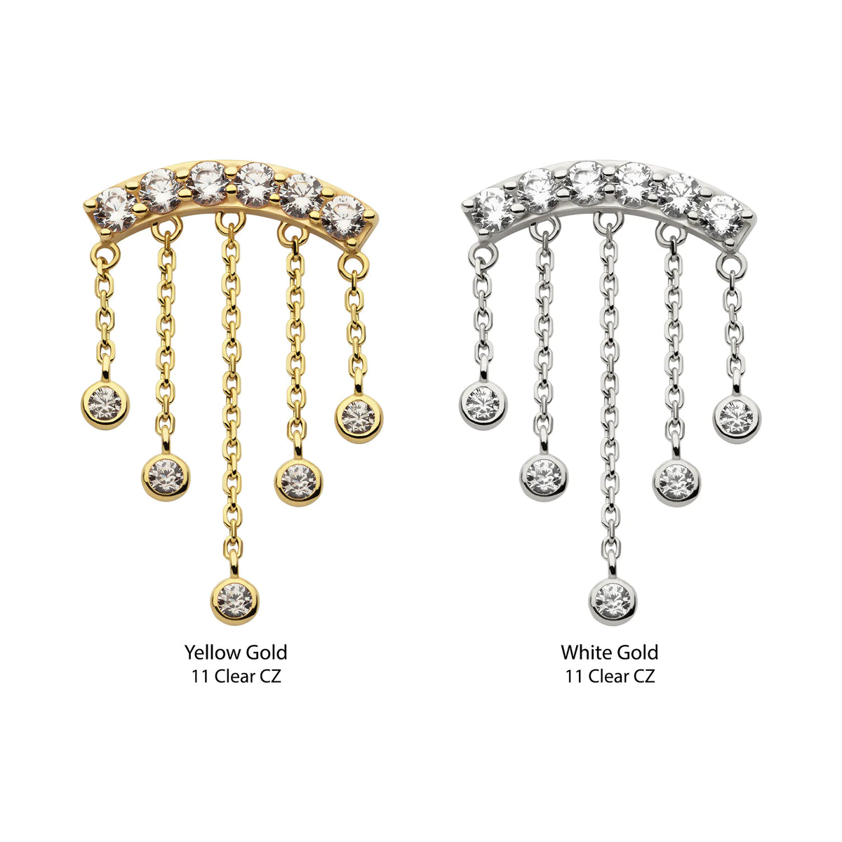 14Kt Gold Threadless 6 Cluster CZ Curved Bar Top with 5 Gemmed Dangle Chains
