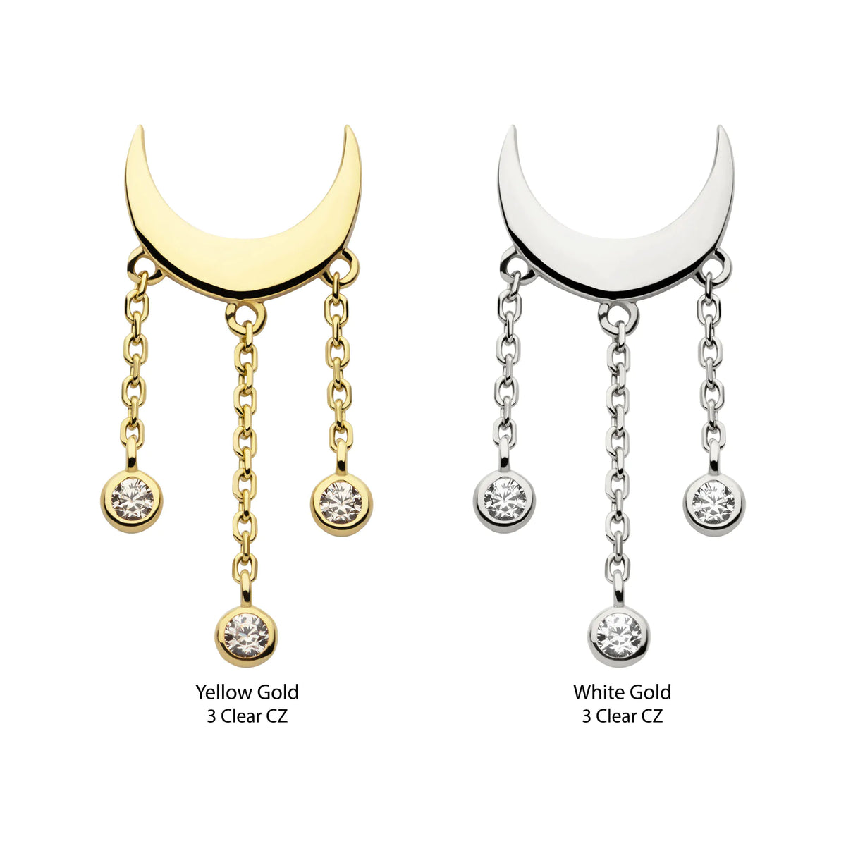 14Kt Gold Threadless Crescent Moon Top with Bezel Set CZ Dangle Triple Chain