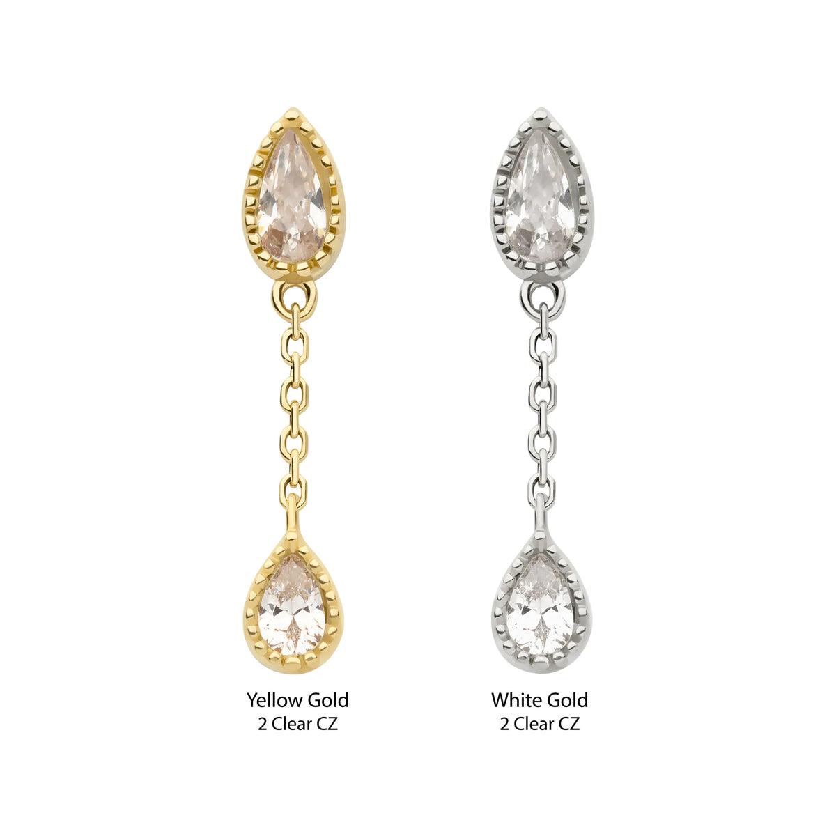 14Kt Yellow Gold Threadless Double Teardrop CZ Dangle Chain Top