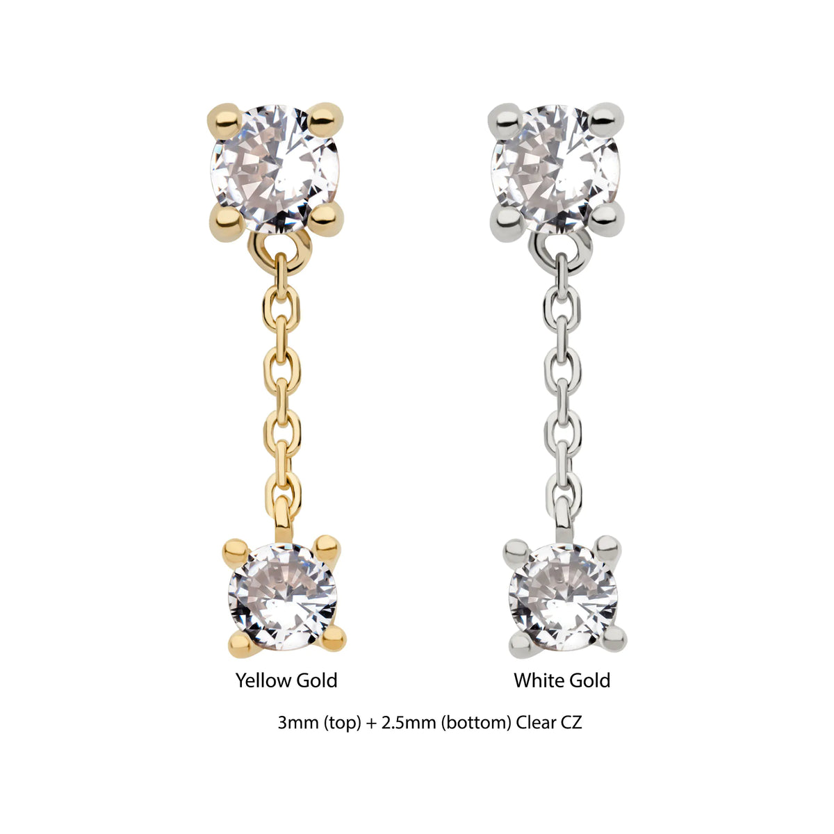 14Kt Gold Threadless Double Prong Set Round CZ with Dangle Chain Top