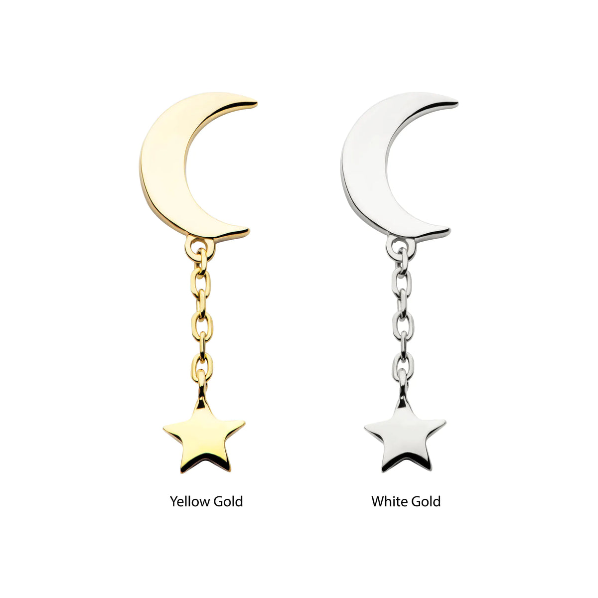 14Kt Gold Threadless Crescent Moon with Dangle Chain & Star Top