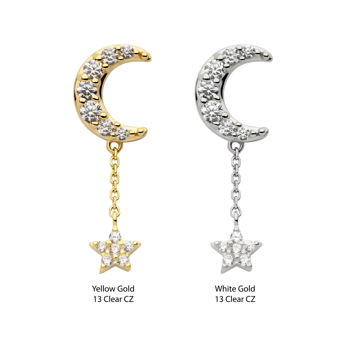 14Kt Gold Threadless Pave Set CZ Crescent Moon Top with Pave Set CZ Star Dangle Chain