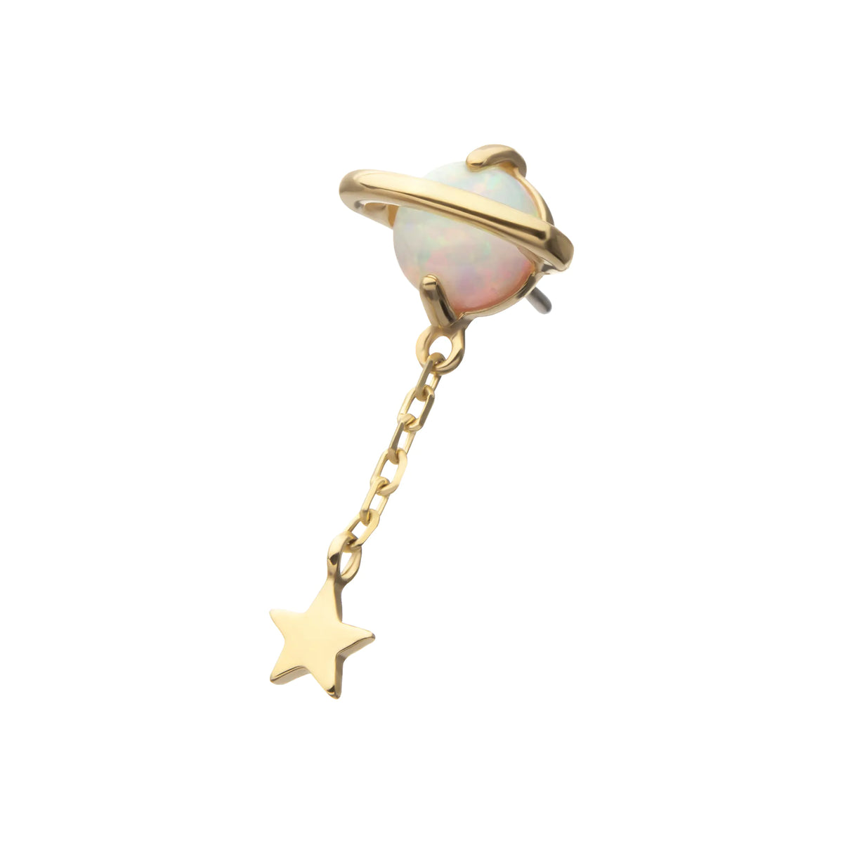 14Kt Yellow Gold Threadless Opal Planet Top with Chain Star Dangle