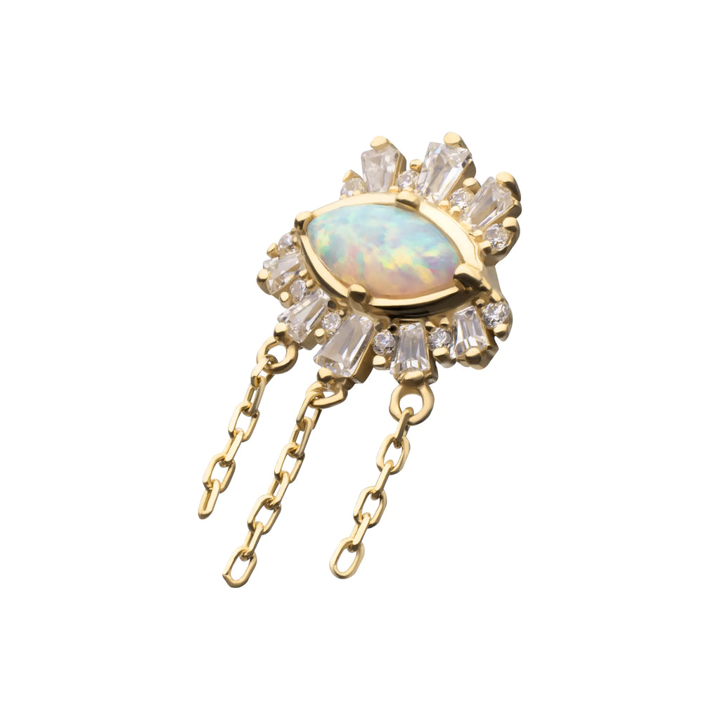 14Kt Yellow Gold Threadless Prong Set Baguette, Round Gem and Opal Evil Eye Top with Triple Dangle Chain