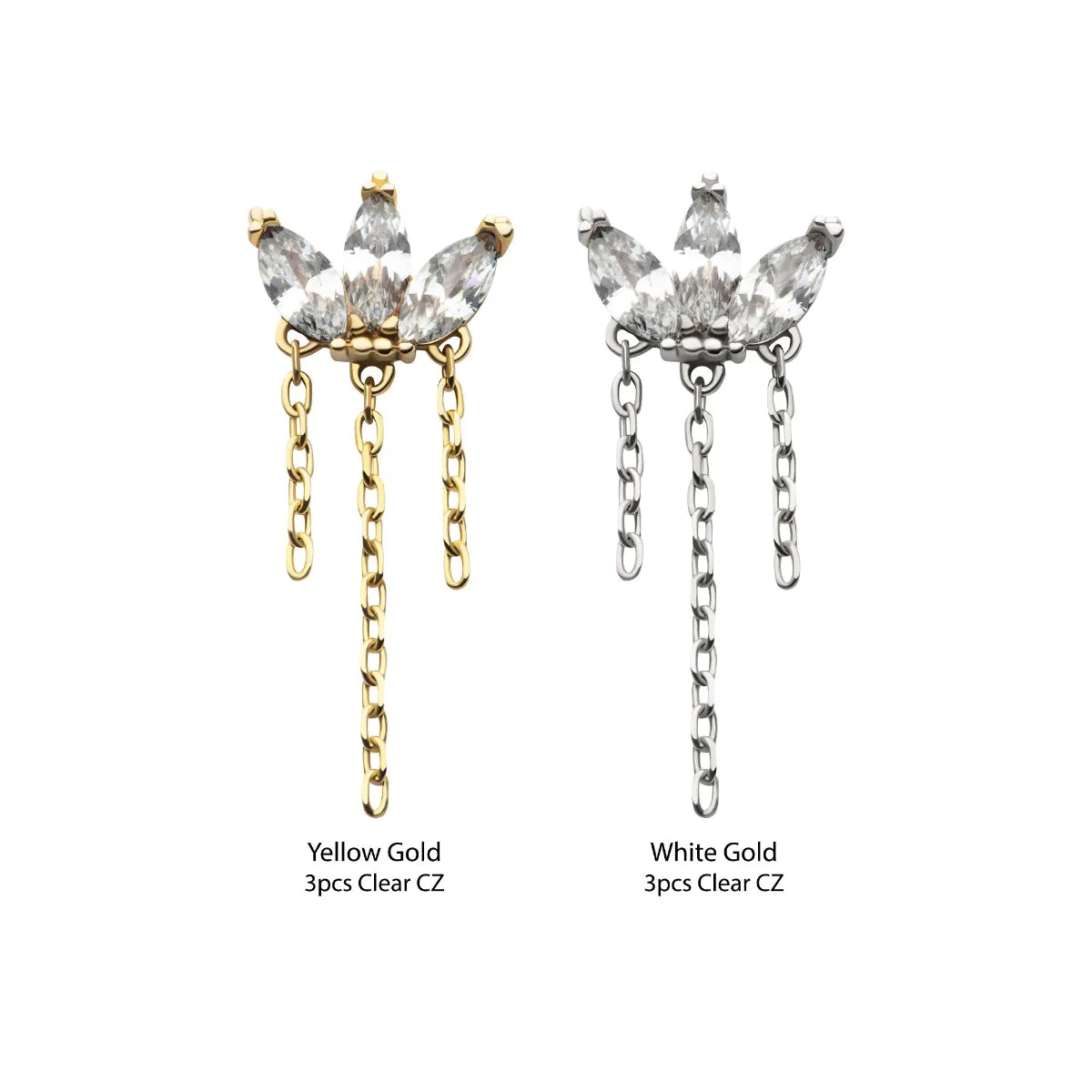 14Kt Gold Threadless 3 Cluster Fan Shape Marquise CZ/Opal Top with Dangle Triple Chain