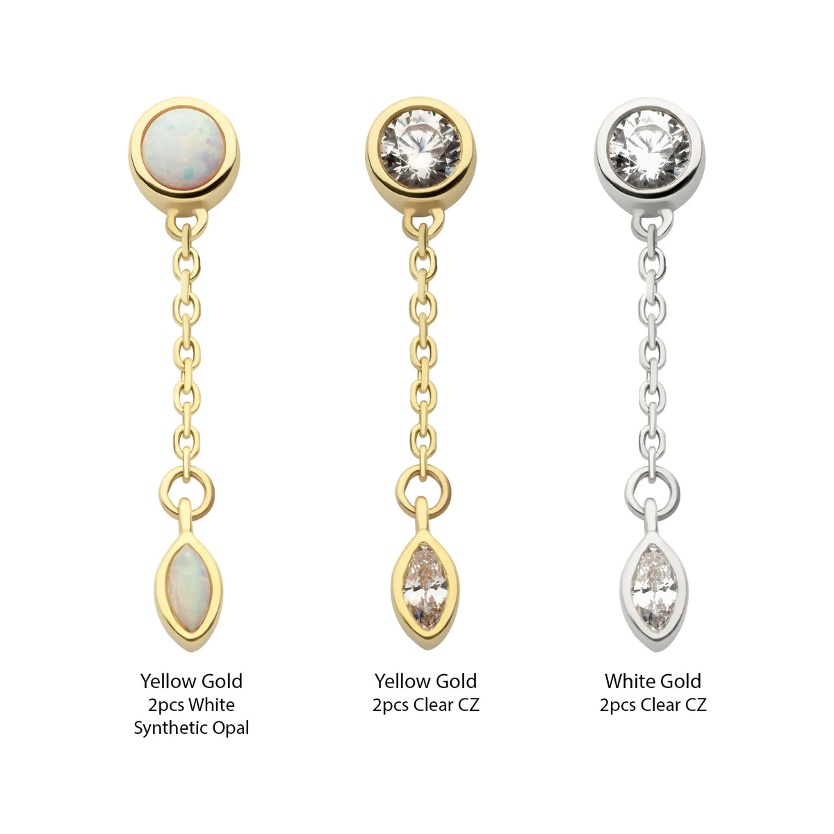 14Kt Gold Threadless Bezel Set Round & Marquise CZ with Dangle Chain Top