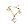14Kt Yellow Gold Threadless Vertical Helix Curved Bar Top with Double Floating Gem & CZ Chain Dangle