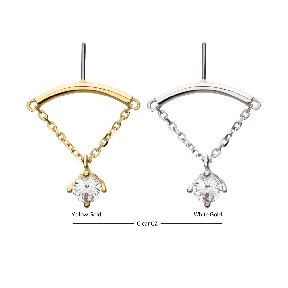 14Kt Gold Threadless Vertical Helix Curved Bar Top with Gem Chain Dangle