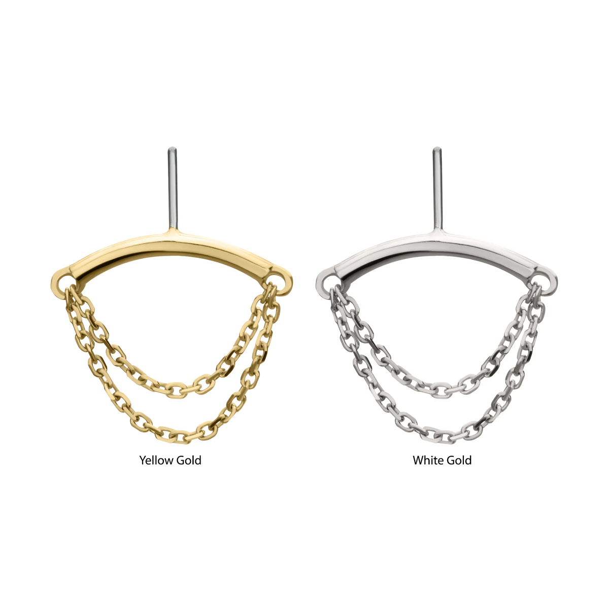 14Kt Gold Threadless Vertical Helix Curved Bar Top with 2-Tier Chain Dangle