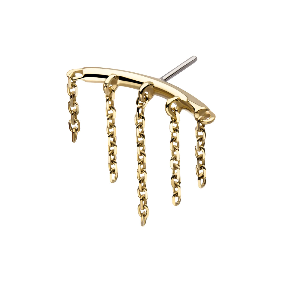 14Kt Yellow Gold Threadless Vertical Helix Curved Bar Top with 5-Chain Dangle