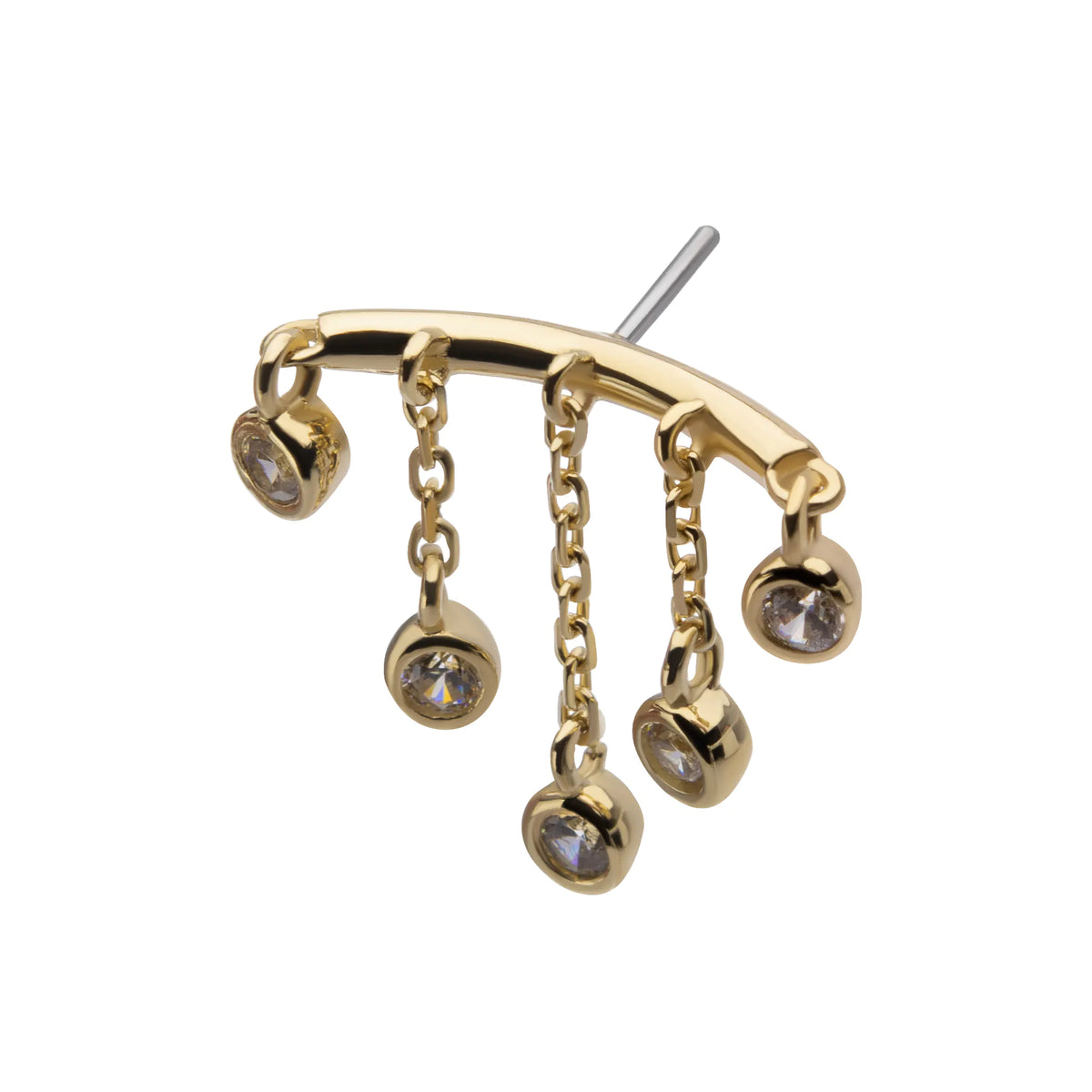 14Kt Yellow Gold Threadless Vertical Helix Curved Bar Top with 5-Chain & Bezel Set Gem Dangle
