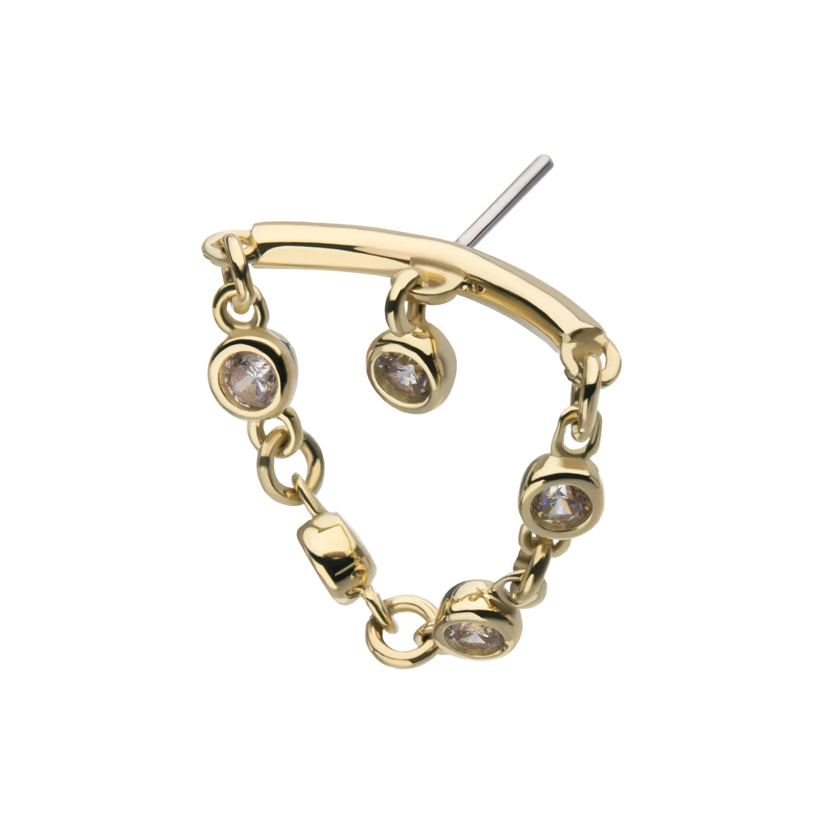 14Kt Yellow Gold Threadless Vertical Helix Curved Bar Top with Bezel Set Round Gem Dangle