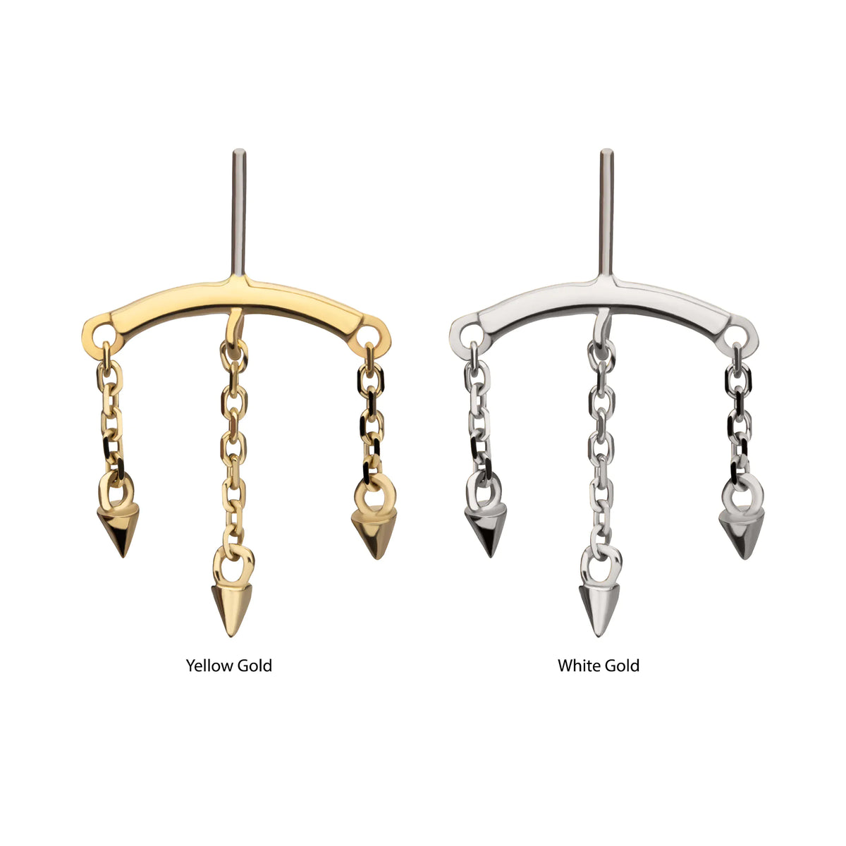14Kt Gold Threadless Vertical Helix Curved Bar Top with 3 Spike Chain Dangle
