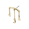 14Kt Yellow Gold Threadless Vertical Helix Curved Bar Top with Crescent Moon and Stars Chain Dangle