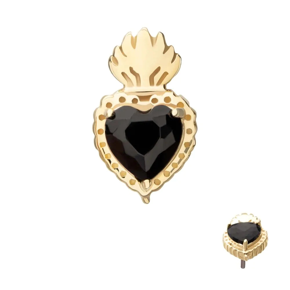 14Kt Yellow Gold Threadless Prong Set Black Gem Sacred Heart Top