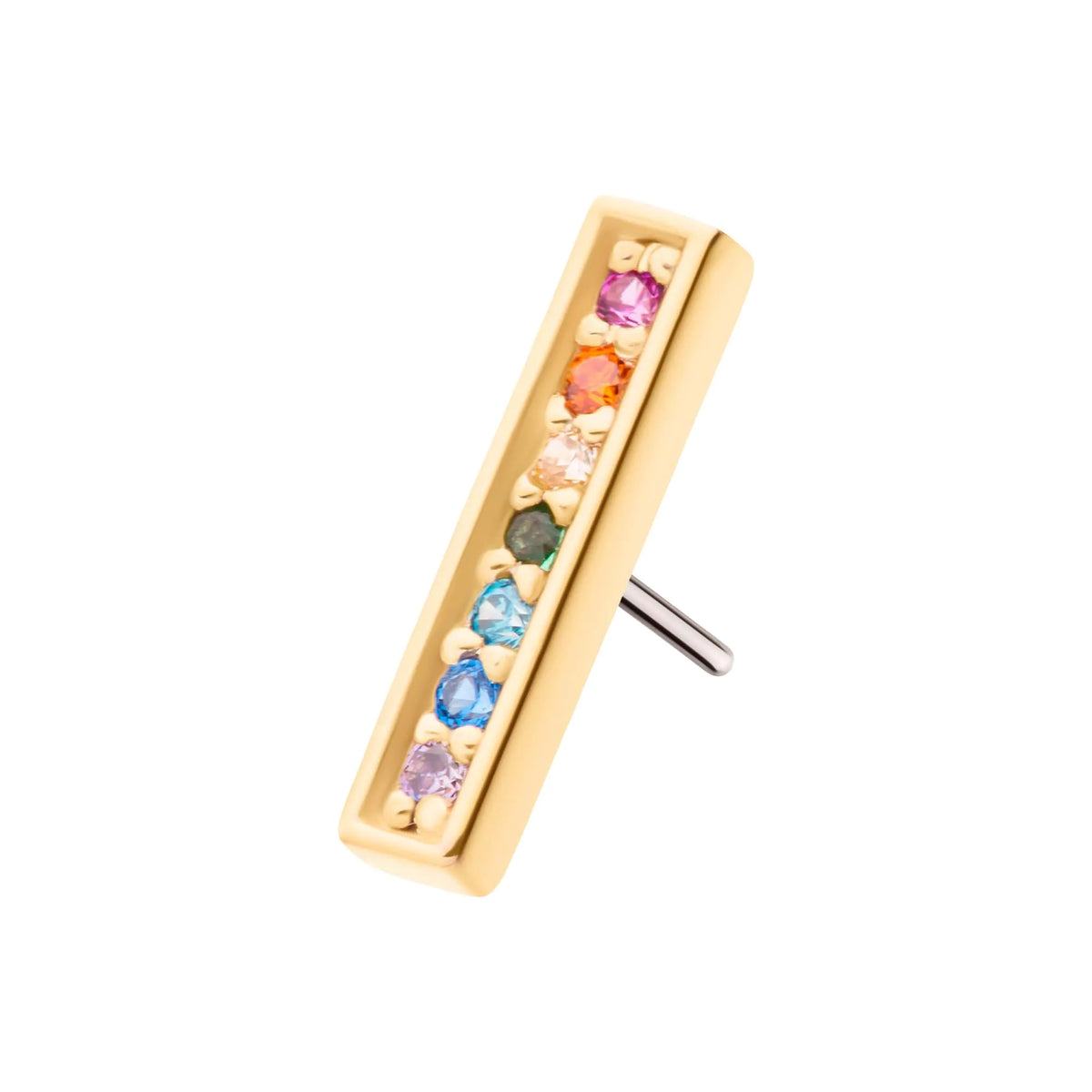 14Kt Yellow Gold Threadless with Prong Set Round Rainbow CZ 7-Cluster Bar Top