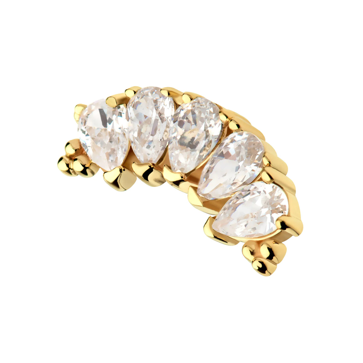 14Kt Yellow Gold Threadless with Tri Beads & Teardrop CZ 5-Cluster Top