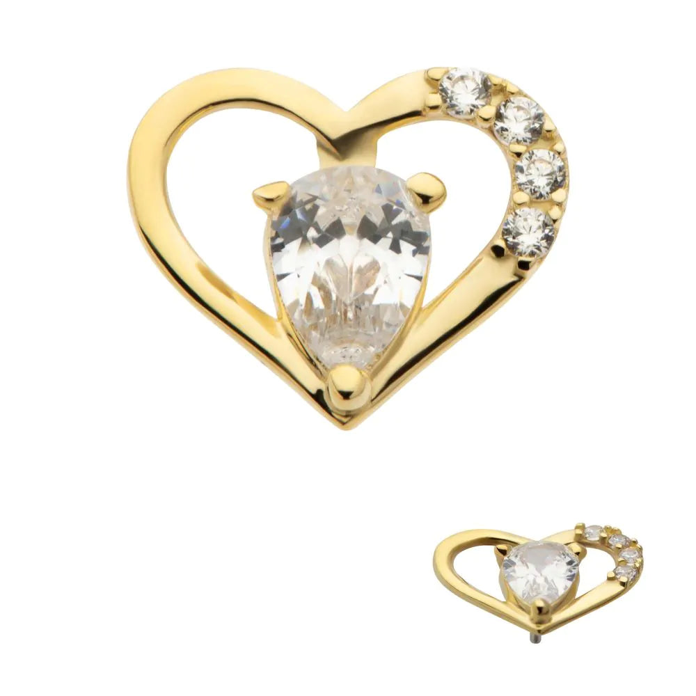 14Kt Yellow Gold Threadless Cut Out Heart Top with Teardrop & Round CZ